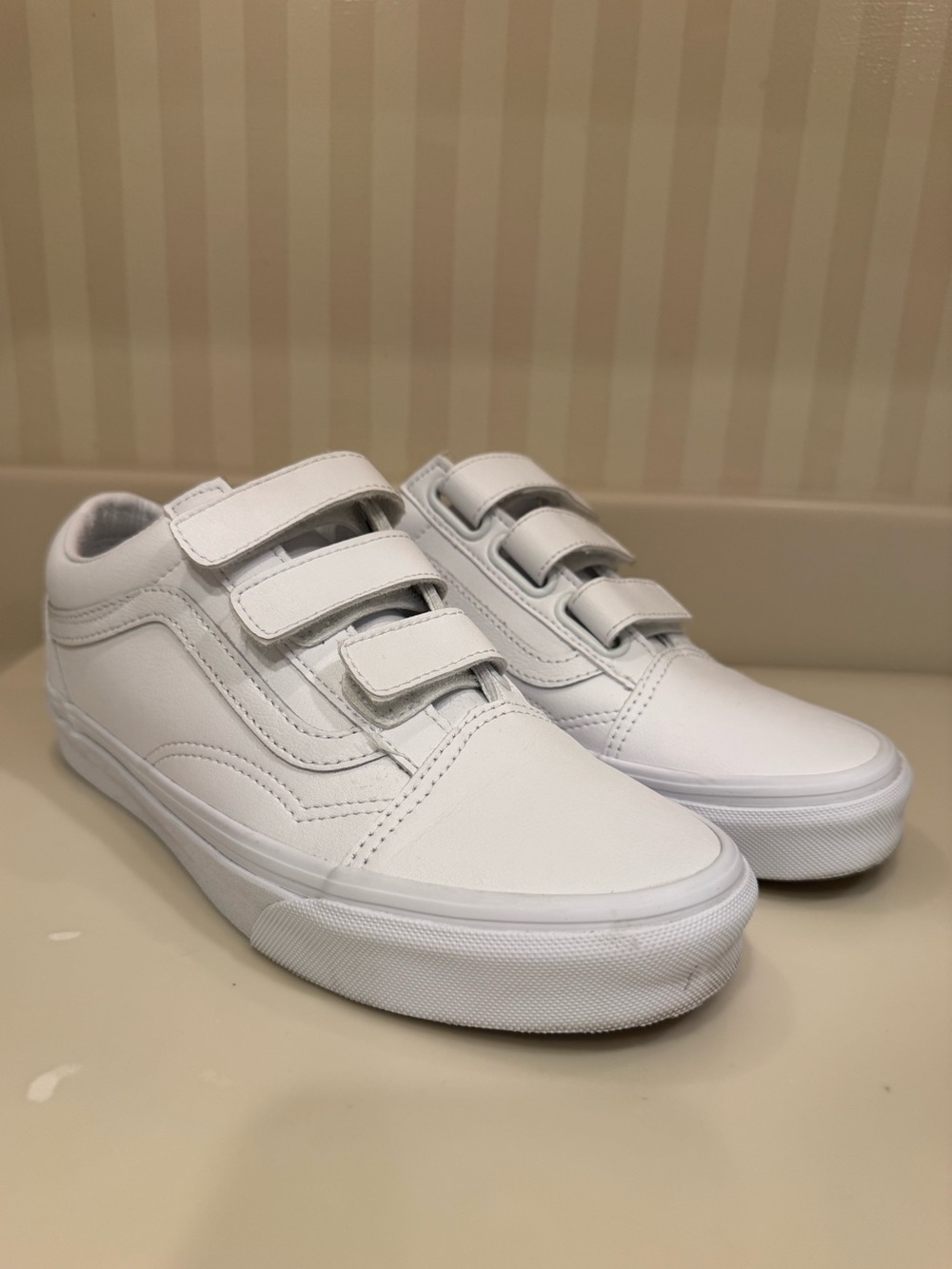 Vans Off The Wall Old Skool White Three Strap Hook And Loop Sneakers